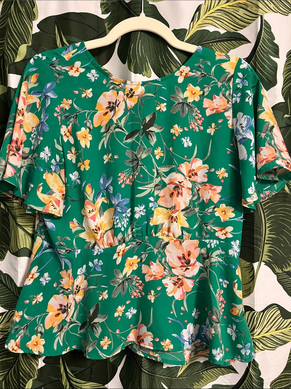 LOFT Green Floral Peplum Top with Flutter Sleeves